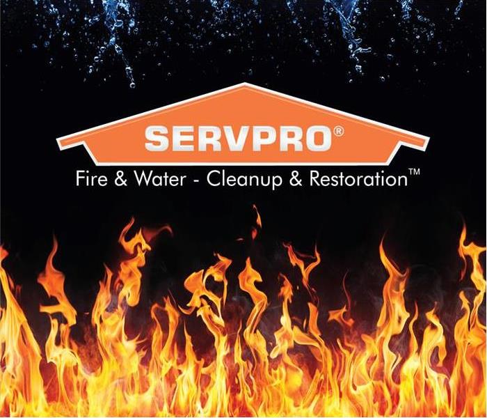 SERVPRO logo in orange with a background red flames in the bottom for fire. 