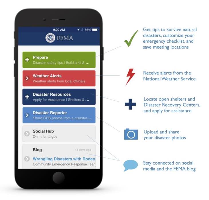 FEMA home screen with information, alerts, and warning about weather. 